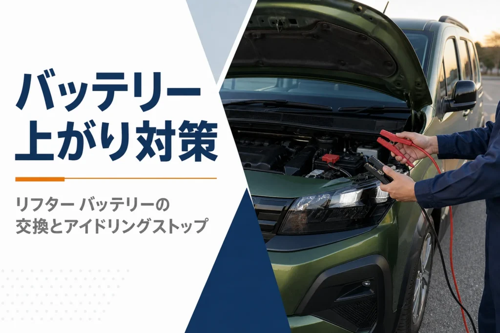 ボンネットを開けた車とブースターケーブルを持つ手元