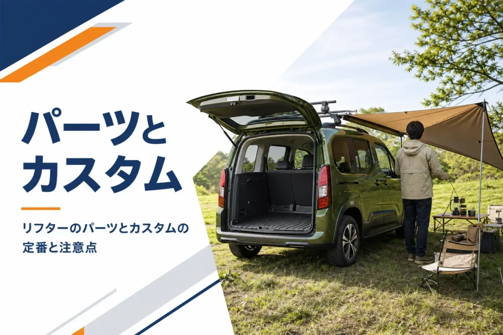 ルーフキャリアとタープを付けたリフターのキャンプ風景