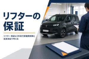 整備工場に停まるリフターと保証書