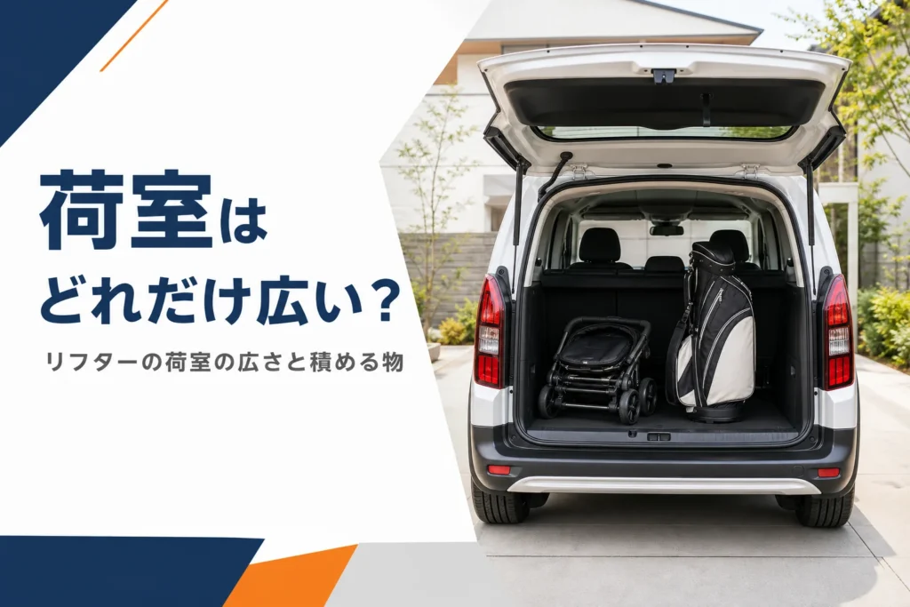 テールゲートを開けてベビーカーとゴルフバッグを積んだリフターの荷室