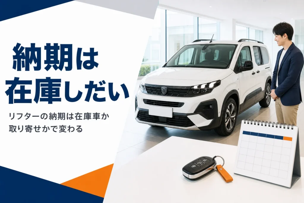 納車を待つ白いリフターとカレンダー