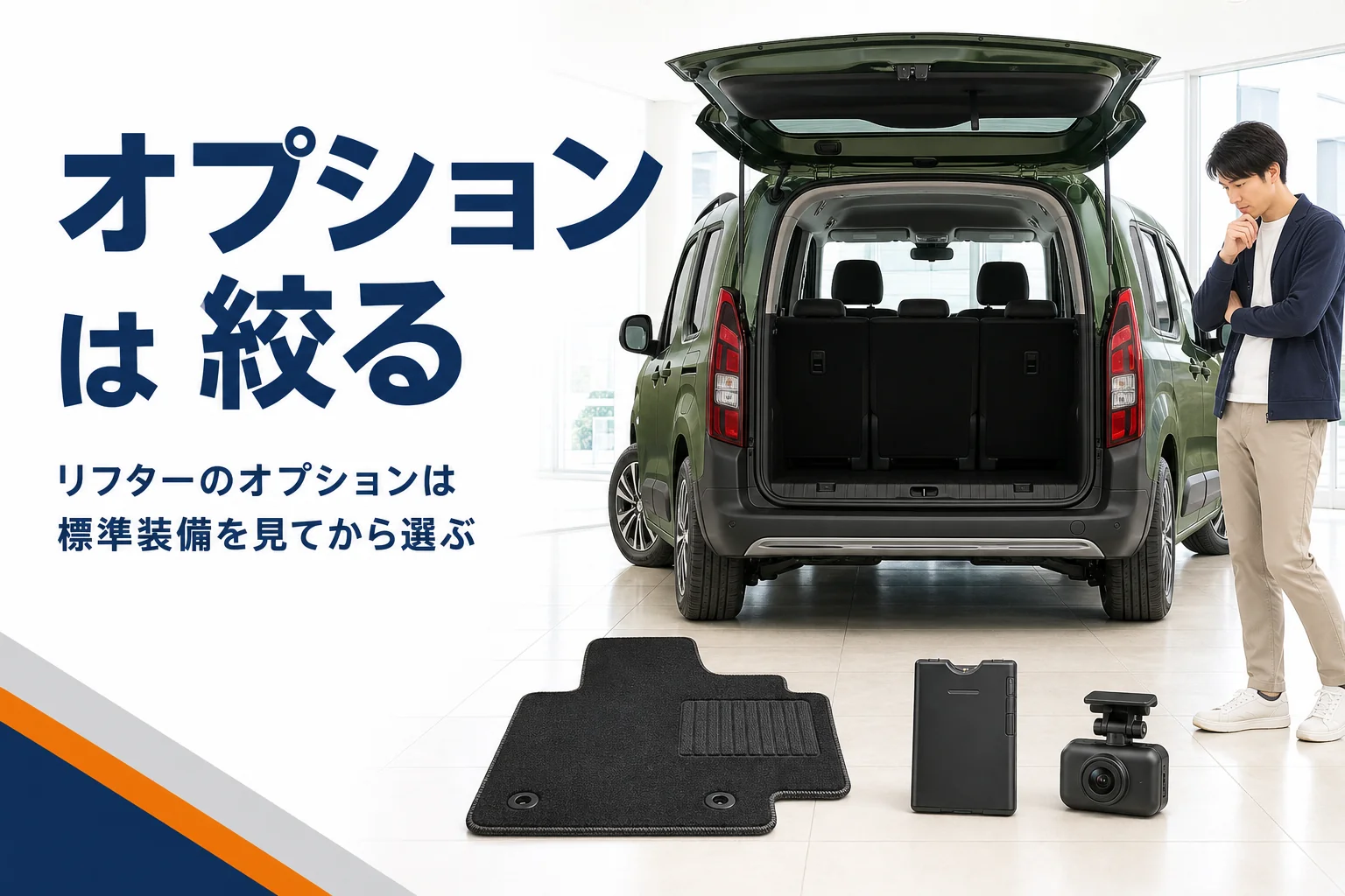リフターの荷室の横に並んだフロアマットやドライブレコーダー