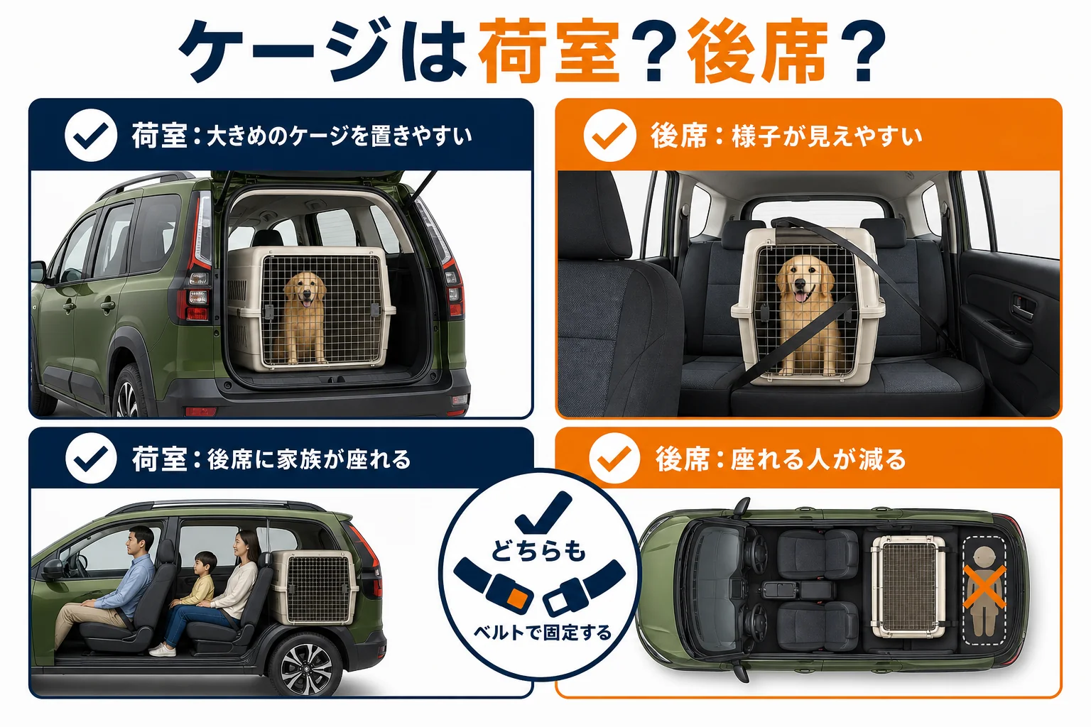 リフターでケージを荷室と後席に置く場合の違いをまとめた図