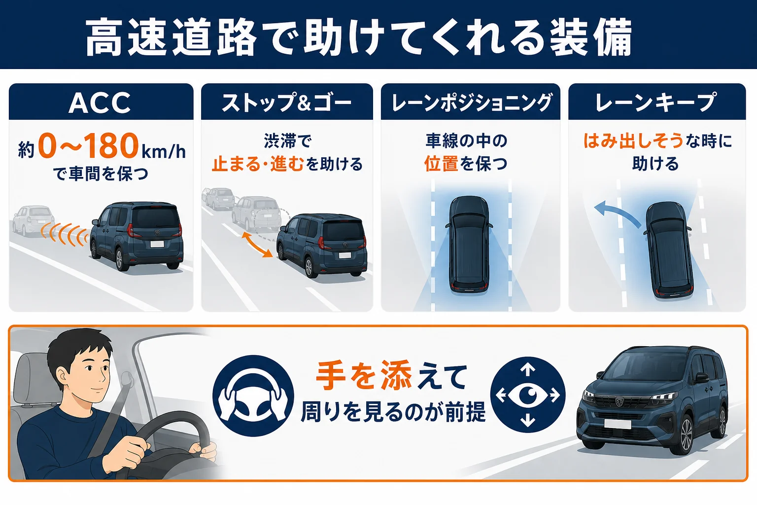 リフターのクルーズコントロールと車線維持の装備でできることをまとめた図