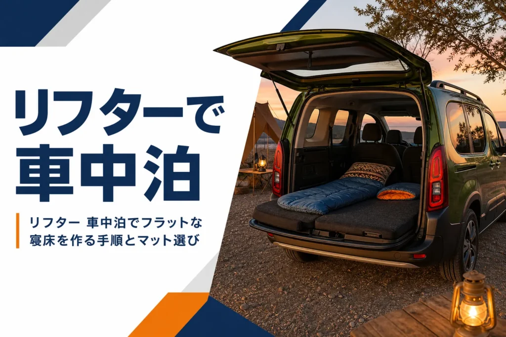 テールゲートを開けた荷室にマットと寝袋を広げたリフター