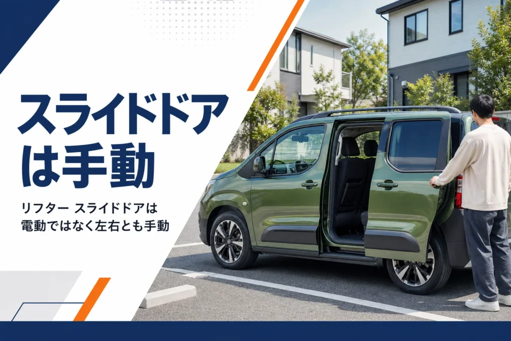 後席のスライドドアを開けた背の高いMPVの側面