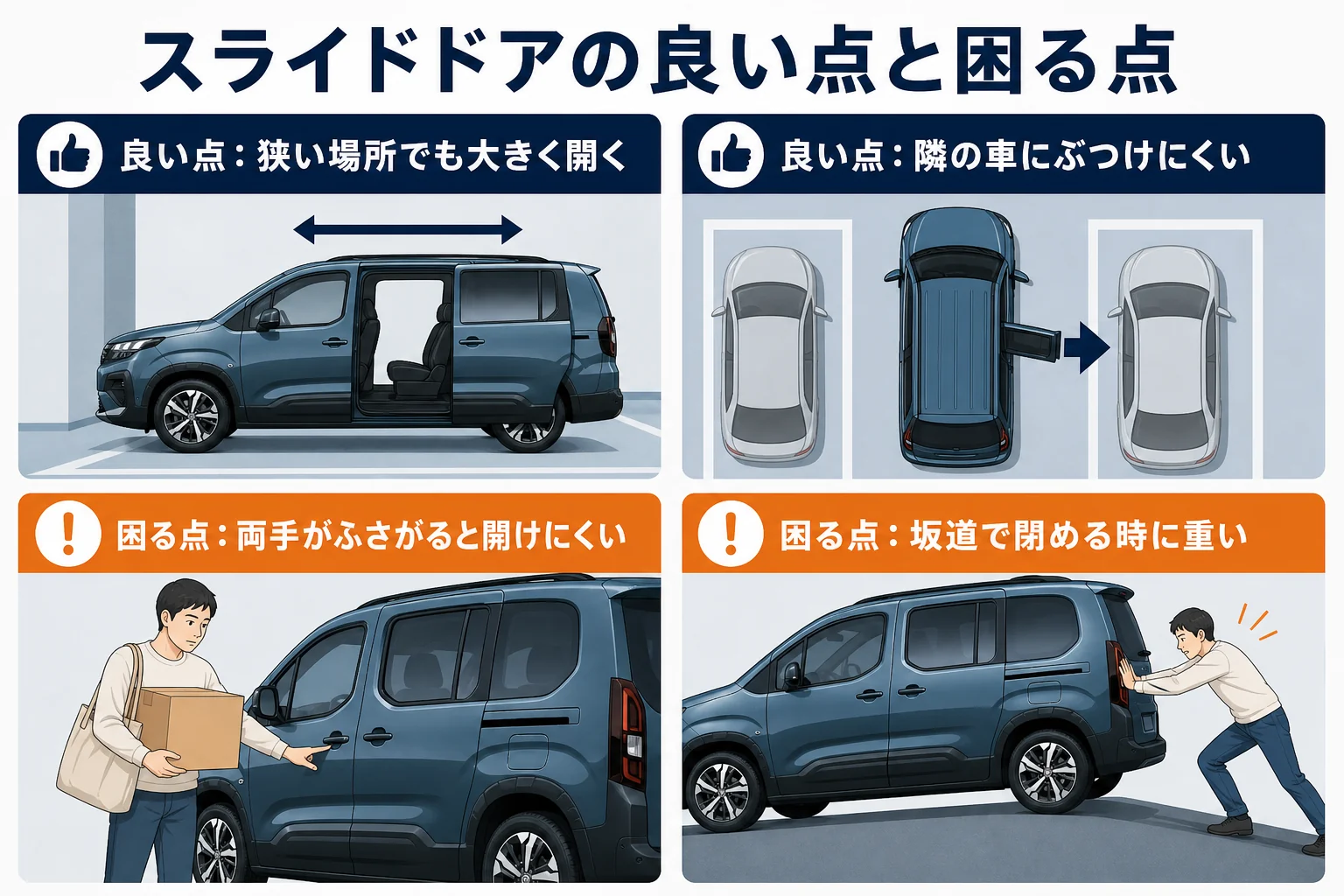 リフターのスライドドアで便利な場面と不便な場面をまとめた図