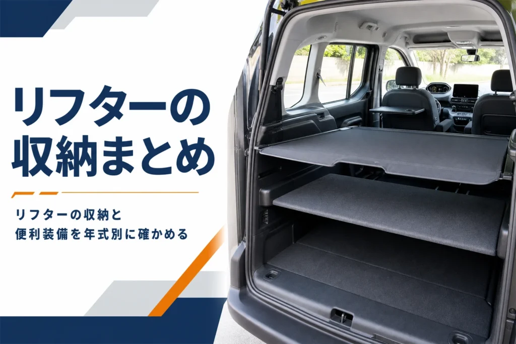 前席の背中のテーブルと荷室の棚が見えるリフターの収納記事のアイキャッチ