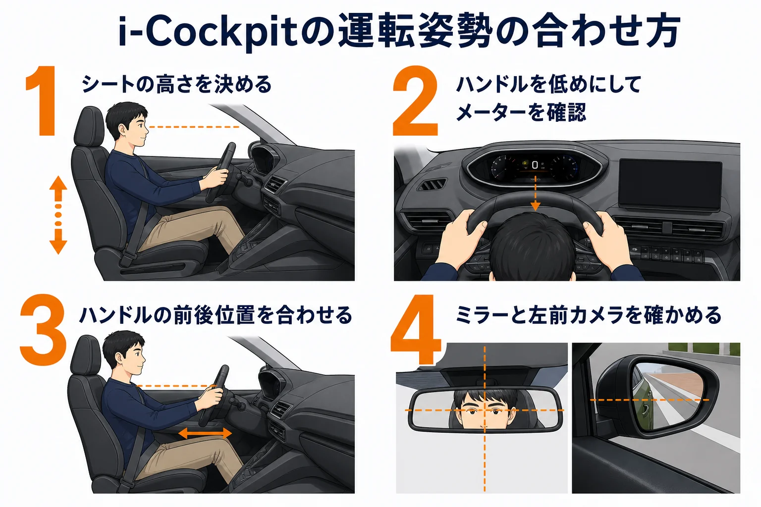 リフターのi-Cockpitで運転姿勢を合わせる手順の図