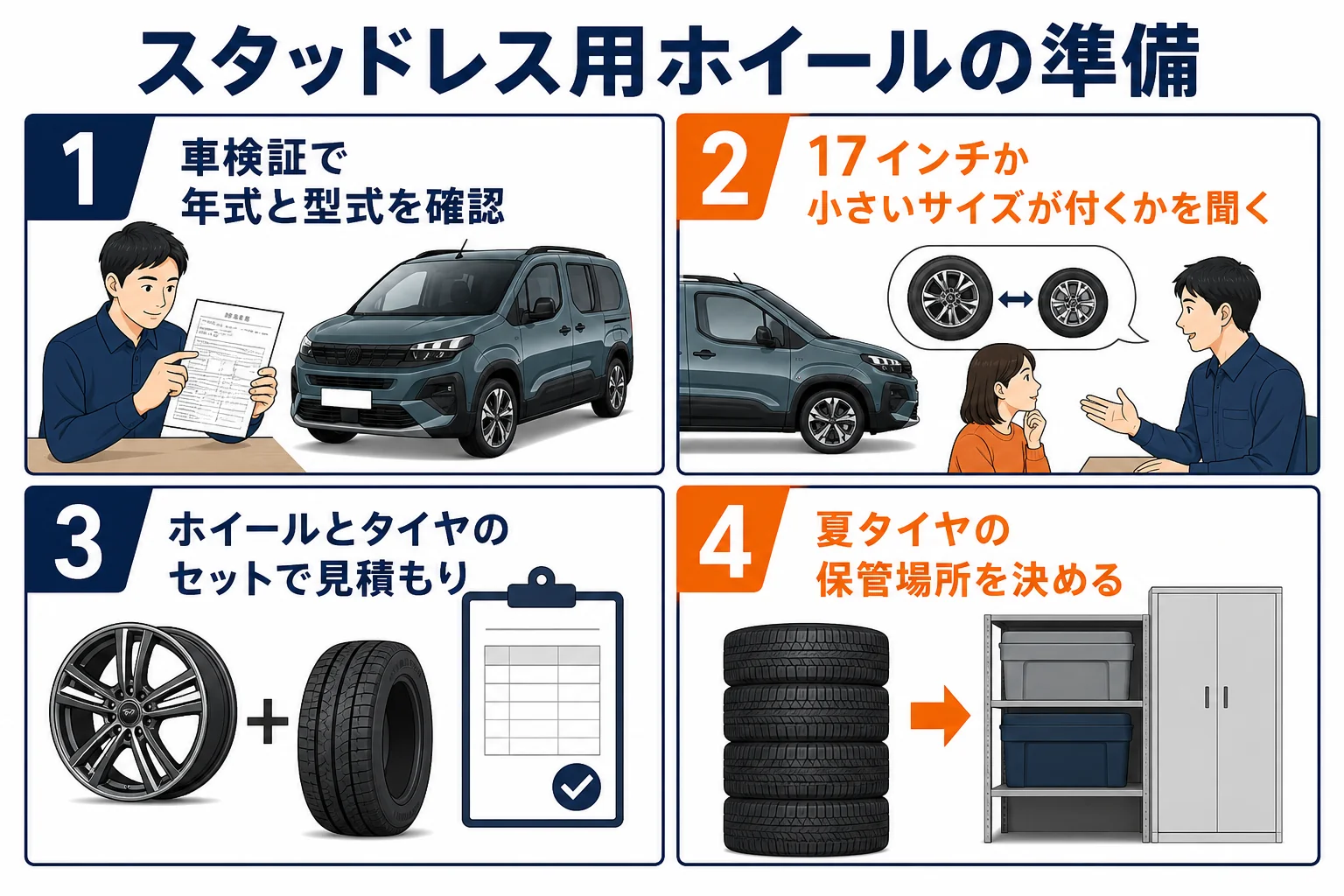 リフターのスタッドレス用ホイールを用意する手順の図解