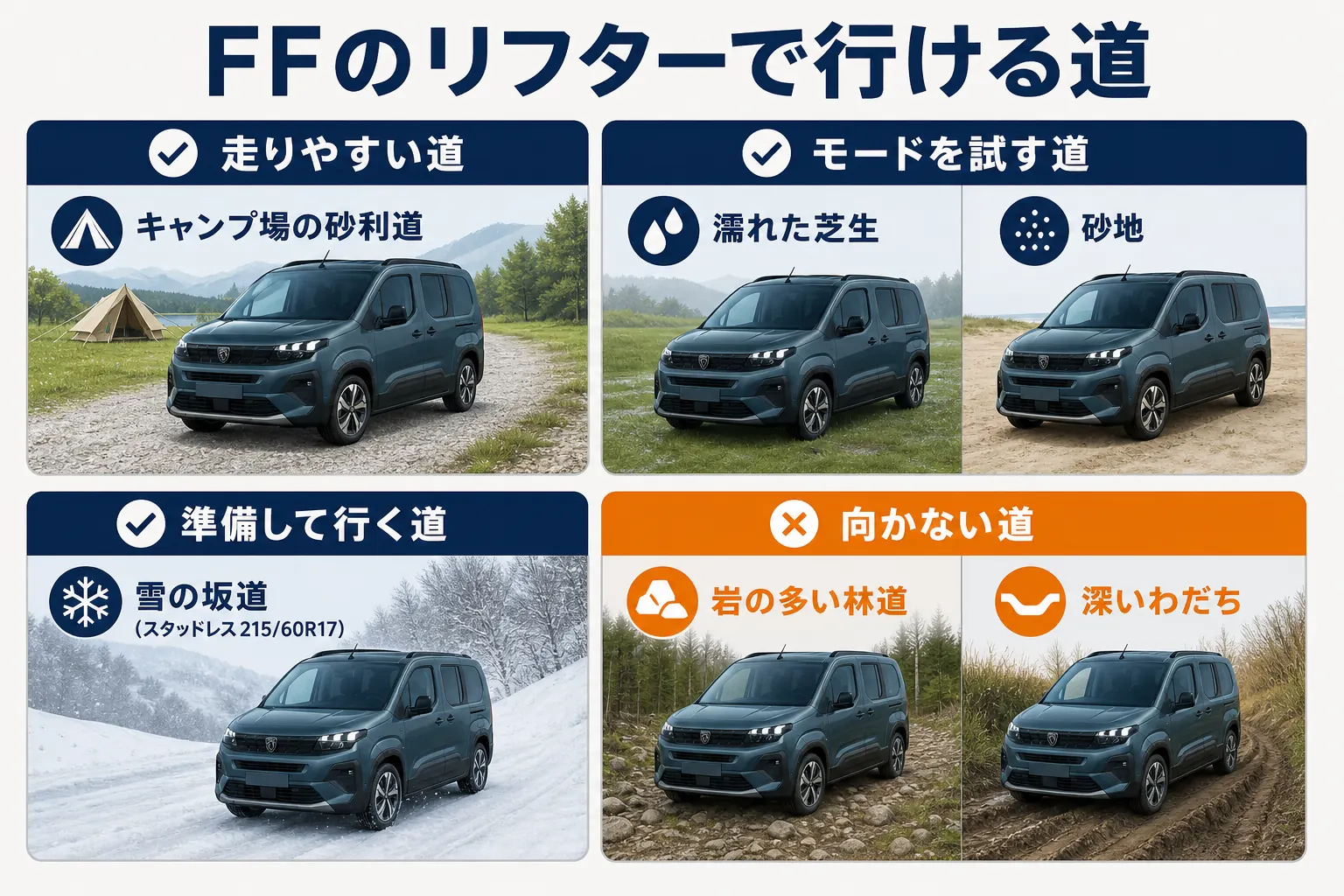 リフターで走れる道と向かない道を比べた図解